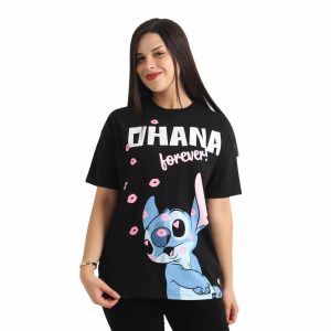 POLO OVERSIZE MC LILO Y STITCH MUJER NEGRO ALGODÓN